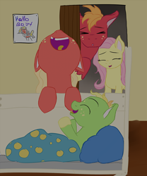 Size: 1002x1206 | Tagged: safe, artist:kaleysia, derpibooru import, big macintosh, fluttershy, oc, oc:cellini, oc:crispin, earth pony, pegasus, pony, baby, baby pony, blanket, brother and sister, colt, crib, cropped, ears, eyes closed, family, female, filly, floppy ears, fluttermac, foal, freckles, laughing, male, nose in the air, offspring, open mouth, open smile, parent:big macintosh, parent:fluttershy, parents:fluttermac, pillow, shipping, siblings, singing, smiling, straight, tired, tongue, tongue out