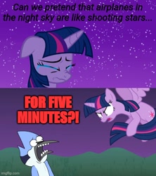 Size: 500x562 | Tagged: safe, derpibooru import, twilight sparkle, twilight sparkle (alicorn), alicorn, bird, blue jay, pony, once upon a zeppelin, airplanes (song), crossover, crossover shipping, crying, female, for five minutes, male, mare, meme, mordecai, mordetwi, regular show, shipping, shrek, straight