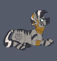 Size: 3000x3200 | Tagged: safe, artist:applejackoat, derpibooru import, zecora, zebra, bracelet, ear piercing, earring, female, fluffy, gray background, jewelry, looking up, lying down, mare, neck rings, piercing, prone, quadrupedal, simple background, smiling, solo, underhoof