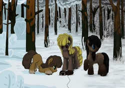 Size: 2480x1754 | Tagged: safe, artist:anonymous, artist:dr-fade, derpibooru import, oc, oc only, pony, bait, blaze (coat marking), boot, boots, clothes, coat markings, face down ass up, female, forest, mare, pale belly, shoes, snow, snowpony (species), socks (coat marking), taiga pony, tree, trio, yakutian horse