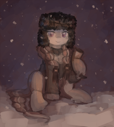 Size: 3228x3570 | Tagged: safe, artist:anonymous, oc, oc only, oc:boreal blanket, pony, blaze (coat marking), clothes, coat, coat markings, drinking horn, female, fur hat, hat, hoof hold, looking at you, mare, purple eyes, sitting, smiling, smiling at you, snow, snowfall, snowpony (species), solo, taiga pony, ushanka