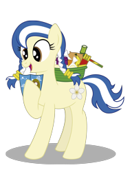 Size: 2940x3894 | Tagged: safe, artist:up-world, oc, oc only, oc:anagua, earth pony, pony, banana, basket, braid, female, fruit, looking down, mare, nation ponies, nicaragua, open mouth, orange, pamphlet, raised hoof, raised leg, smiling, solo