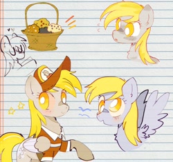 Size: 1024x963 | Tagged: safe, artist:bug-roux, derpibooru import, derpy hooves, pegasus, pony, chest fluff, female, food, hat, heart, lined paper, mailmare, mare, muffin, solo, spread wings, white pupils, wings