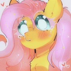 Size: 1024x1024 | Tagged: safe, artist:bug-roux, derpibooru import, fluttershy, pegasus, pony, blushing, bust, chest fluff, close-up, colored eyelashes, crying, female, heart, looking at you, mare, portrait, solo, stray strand, teary eyes, three quarter view, wavy mouth, white pupils