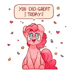 Size: 2000x2000 | Tagged: safe, artist:cocopudu, derpibooru import, pinkie pie, earth pony, pony, confetti, cute, dialogue, diapinkes, female, heart, looking at you, mare, positive message, positive ponies, simple background, sitting, solo, talking to viewer, white background