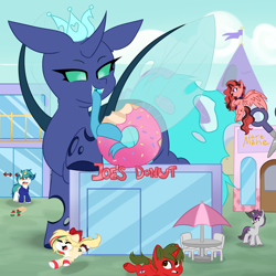 Size: 3000x3000 | Tagged: safe, artist:thieftea, derpibooru import, oc, oc:hollie, oc:scarlett blade, oc:sektiss, oc:snowy blue, changeling, earth pony, pegasus, pony, unicorn, blue changeling, cloud, donut, food, running, scared, smiley face