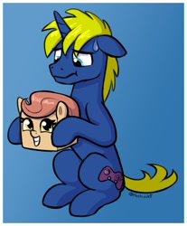 Size: 1626x1965 | Tagged: safe, artist:heretichesh, derpibooru import, oc, oc only, oc:power play, pony, unicorn, :t, box pony, ears, female, filly, floppy ears, foal, frown, gradient background, holding a pony, male, sitting, smiling, stallion, sweat, sweatdrop