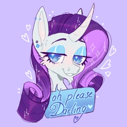 Size: 2048x2048 | Tagged: safe, artist:possumpupper, derpibooru import, rarity, pony, unicorn, bust, cheek fluff, curved horn, darling, ear piercing, facial hair, female, goatee, heart, horn, lidded eyes, piercing, simple background, solo, speech bubble, starry eyes, wingding eyes