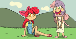 Size: 1600x817 | Tagged: safe, artist:projectfirelights, derpibooru import, apple bloom, sweetie belle, human, duo, female, humanized