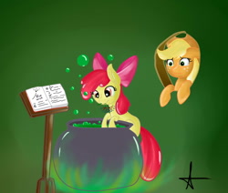 Size: 1024x870 | Tagged: safe, artist:geeflakes-art, derpibooru import, apple bloom, applejack, earth pony, pony, book, cauldron, female, filly, foal, mare