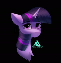 Size: 1750x1786 | Tagged: safe, artist:delta hronum, derpibooru import, twilight sparkle, pony, unicorn, black background, bust, female, simple background, solo