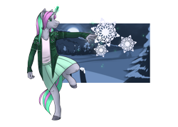 Size: 2000x1426 | Tagged: safe, artist:royvdhel-art, derpibooru import, oc, oc only, anthro, unguligrade anthro, unicorn, clothes, commission, female, glowing, glowing horn, horn, simple background, skirt, smiling, snow, snowflake, solo, transparent background, unicorn oc, ych result
