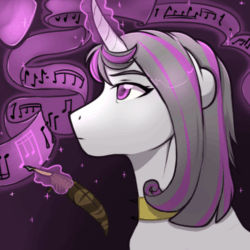 Size: 500x500 | Tagged: safe, artist:royvdhel-art, derpibooru import, oc, oc only, pony, unicorn, animated, blinking, choker, commission, female, gif, glowing, glowing horn, horn, magic, mare, music notes, quill, solo, telekinesis, unicorn oc, ych result