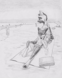Size: 3267x4129 | Tagged: safe, artist:joestick, derpibooru import, oc, oc only, oc:arcalia, oc:kass, earth pony, pony, beach, brother and sister, clothes, coat markings, female, grayscale, lying down, male, mare, monochrome, pencil drawing, pinto, siblings, socks (coat marking), stallion, sunglasses, swimsuit, traditional art, umbrella