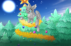 Size: 3685x2423 | Tagged: safe, artist:schokocream, derpibooru import, oc, oc only, alicorn, pony, alicorn oc, chest fluff, christmas, christmas tree, commission, ear fluff, ears, full moon, holiday, horn, moon, outdoors, solo, stars, tree, wings, your character here