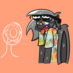 Size: 800x800 | Tagged: safe, artist:tranzmuteproductions, derpibooru import, oc, oc only, oc:tranzmute, anthro, bat pony, bandaid, bat pony oc, bat wings, clothes, male, orange background, panting, simple background, solo, sunglasses, sweat, wings