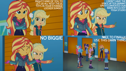 Size: 4400x2475 | Tagged: safe, derpibooru import, edit, edited screencap, editor:quoterific, screencap, applejack, fluttershy, pinkie pie, rainbow dash, rarity, sci-twi, sunset shimmer, twilight sparkle, better together, equestria girls, holidays unwrapped, clothes, eyes closed, female, glasses, humane five, humane seven, humane six, open mouth, open smile, ponytail, smiling, sweater, winter break-in
