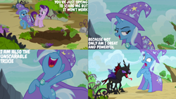 Size: 4400x2475 | Tagged: safe, derpibooru import, edit, edited screencap, editor:quoterific, screencap, pharynx, starlight glimmer, trixie, changeling, pony, unicorn, season 7, to change a changeling, bipedal, cape, clothes, female, hat, male, mare, nose in the air, open mouth, open smile, smiling, tongue, tongue out, trixie's cape, trixie's hat, uvula, volumetric mouth