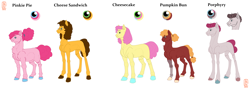 Size: 6000x2142 | Tagged: safe, artist:anelaponela, derpibooru import, cheese sandwich, li'l cheese, pinkie pie, oc, oc:porphyry, oc:pumpkin bun, earth pony, pony, the last problem, amputee, curly hair, curly mane, dyed mane, female, freckles, glasses, male, mare, offspring, parent:cheese sandwich, parent:pinkie pie, parents:cheesepie, prosthesis, prosthetic leg, prosthetic limb, prosthetics, simple background, stallion