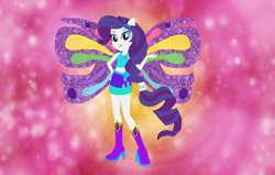 Size: 1042x663 | Tagged: safe, artist:selenaede, artist:user15432, derpibooru import, rarity, human, equestria girls, barely eqg related, base used, boots, charmix, clothes, crossover, cutie mark, cutie mark on clothes, element of generosity, fairy, fairy wings, fairyized, hand on hip, high heel boots, high heels, looking at you, magic winx, ponied up, purple wings, shoes, wings, winx, winx club, winxified