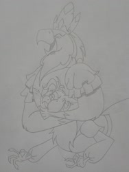 Size: 1944x2592 | Tagged: safe, artist:princebluemoon3, derpibooru import, idw, captain celaeno, ocypete, adorable distress, cute, duo, duo female, eyes closed, female, grayscale, happy, hug, monochrome, puffy cheeks, scene interpretation, sketch, traditional art