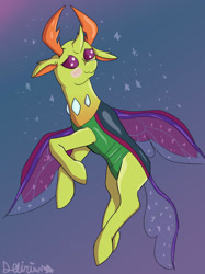 Size: 1024x1366 | Tagged: safe, artist:saphire-dragon42, derpibooru import, thorax, changedling, changeling, blue background, blushing, flying, glitter, horns, king thorax, male, purple eyes, signature, simple background, smiling, solo, sparkles, spread wings, wings