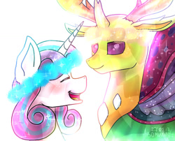 Size: 1024x826 | Tagged: safe, artist:a-vomikaa, derpibooru import, princess flurry heart, thorax, alicorn, changedling, changeling, pony, blushing, female, glitter, horn, horns, king thorax, looking at each other, magic, male, open mouth, open smile, purple mane, signature, simple background, smiling, sparkles, spread wings, teeth, white background, wings