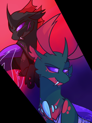 Size: 1536x2048 | Tagged: safe, artist:paintedsnek, derpibooru import, pharynx, changedling, changeling, clothes, digital art, fangs, flying, grin, horn, horns, male, prince pharynx, purple eyes, see-through, signature, simple background, smiling, solo, teeth, wings