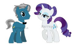 Size: 764x471 | Tagged: safe, artist:marrayala, artist:selenaede, derpibooru import, rarity, pony, unicorn, alternate hairstyle, base used, bedroom eyes, bowtie, fashion plate, female, male, mare, rariplate, shipping, simple background, stallion, straight, transparent background, watermark