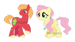 Size: 817x460 | Tagged: safe, artist:marrayala, artist:selenaede, derpibooru import, big macintosh, fluttershy, earth pony, pegasus, pony, alternate hairstyle, base used, female, fluttermac, jewelry, male, mare, necklace, scar, shipping, simple background, stallion, straight, transparent background, watermark