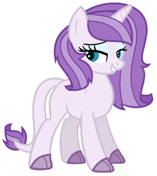 Size: 802x894 | Tagged: safe, artist:cutepuppygirl10, derpibooru import, oc, oc only, oc:sapphire, dracony, hybrid, pony, unicorn, blue eyes, eyeshadow, female, full body, horn, interspecies offspring, lidded eyes, makeup, mare, offspring, parent:rarity, parent:spike, parents:sparity, show accurate, simple background, smiling, solo, standing, tail, two toned mane, white background