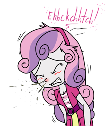 Size: 830x963 | Tagged: safe, artist:anyponedrawn, derpibooru import, sweetie belle, human, equestria girls, cold, cute, diasweetes, eyes closed, female, girly, hairband, red nose, simple background, sneezing, transparent background