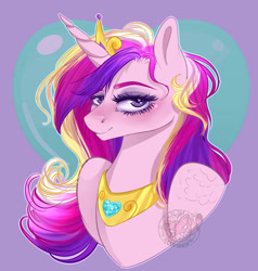 Size: 1280x1346 | Tagged: safe, artist:copshop, derpibooru import, princess cadance, alicorn, pony, abstract background, blushing, bust, eyeshadow, female, heart background, looking at you, makeup, mare, portrait, smiling, smiling at you, solo