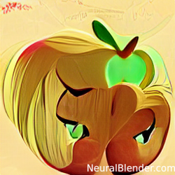 Size: 256x256 | Tagged: safe, derpibooru import, applejack, abstract, apple, neural blender, simple background, solo, text, yellow background