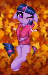 Size: 2580x4000 | Tagged: safe, artist:confetticakez, derpibooru import, twilight sparkle, unicorn twilight, pony, unicorn, autumn, autumn leaves, blushing, clothes, commission, cute, ears, female, floppy ears, hoodie, leaf, leaves, looking at you, lying down, mare, on back, one eye closed, patreon, patreon reward, smiling, smiling at you, solo, twiabetes, wink, winking at you, ych result