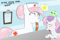 Size: 4500x3000 | Tagged: safe, artist:oobrushstrokeoo, derpibooru import, nurse redheart, sweetie belle, earth pony, pony, unicorn, bandaid, crying, duo, eyes closed, female, filly, foal, high res, injured, mouth hold, smiling