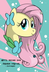 Size: 3000x4371 | Tagged: safe, artist:oobrushstrokeoo, derpibooru import, fluttershy, pegasus, pony, the best night ever, abstract background, bust, clothes, dress, female, flower, flower in hair, gala dress, grand galloping gala, high res, looking at you, mare, quote, smiling, solo, three quarter view