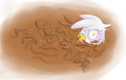 Size: 1280x814 | Tagged: safe, artist:pzkratzer, derpibooru import, gilda, fail, female, mud, mud pit, partially submerged, paws, slipped, solo, swamp, underpaw