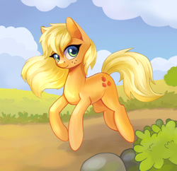 Size: 900x870 | Tagged: safe, artist:maytee, derpibooru import, applejack, earth pony, pony, female, looking at you, looking sideways, mare, missing accessory, side view, smiling, smiling at you, solo