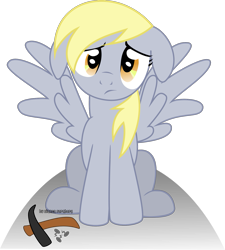 Size: 1409x1566 | Tagged: safe, artist:oobrushstrokeoo, derpibooru import, derpy hooves, pegasus, pony, ears, female, floppy ears, mare, pickaxe, sad, simple background, solo, transparent background