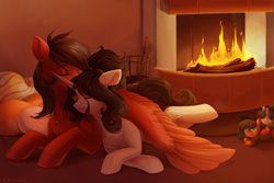 Size: 4500x3000 | Tagged: safe, artist:neonishe, derpibooru import, oc, oc only, pegasus, pony, unicorn, complex background, ears, female, fireplace, floppy ears, hug, male, oc x oc, pillow, plushie, shipping, straight, winghug, wings