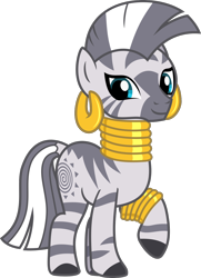 Size: 984x1362 | Tagged: safe, artist:lightningbolt, derpibooru exclusive, derpibooru import, zecora, pony, zebra, .svg available, bracelet, ear piercing, earring, female, jewelry, looking at you, mare, neck rings, necklace, piercing, quadrupedal, raised hoof, raised leg, simple background, solo, standing, stripes, svg, transparent background, vector