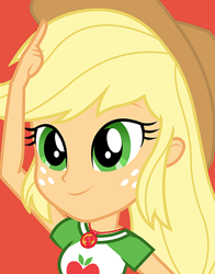 Size: 434x554 | Tagged: safe, derpibooru import, applejack, human, equestria girls, equestria girls series, cowboy hat, female, geode of super strength, green eyes, hat, magical geodes, new outfit, red background, simple background, updated, updated design