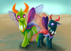 Size: 1280x909 | Tagged: safe, artist:safizejaart, derpibooru import, pharynx, thorax, changedling, changeling, brothers, butterfly wings, changedling brothers, clothes, deviantart watermark, digital art, glitter, glowing, horns, king thorax, looking at each other, male, obtrusive watermark, prince pharynx, purple eyes, see-through, siblings, signature, sky, smiling, sparkles, spread wings, watermark, wings