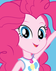 Size: 434x554 | Tagged: safe, derpibooru import, pinkie pie, human, better together, equestria girls, blue background, blue eyes, female, geode of sugar bombs, looking at you, magical geodes, new outfit, official, simple background, updated, updated design