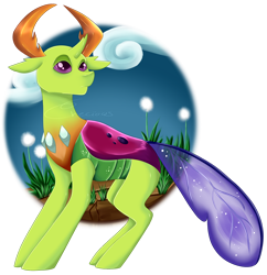 Size: 1024x1059 | Tagged: safe, artist:crecious, derpibooru import, thorax, changedling, changeling, clothes, cloud, glitter, grass, horns, king thorax, male, purple eyes, see-through, signature, simple background, sky, solo, transparent background