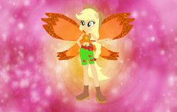 Size: 1042x663 | Tagged: safe, artist:selenaede, artist:user15432, derpibooru import, applejack, human, equestria girls, barely eqg related, base used, belt, boots, charmix, clothes, cowboy hat, crossover, cutie mark, cutie mark on clothes, element of honesty, fairy, fairy wings, fairyized, hand on hip, hat, high heel boots, high heels, magic winx, orange wings, ponied up, shoes, wings, winx, winx club, winxified