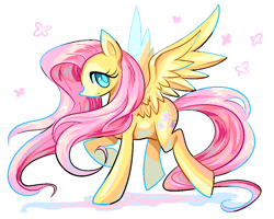 Size: 1000x800 | Tagged: safe, artist:noneimagines, derpibooru import, fluttershy, pegasus, pony, female, looking at you, mare, profile, raised hoof, raised leg, solo, spread wings, wings