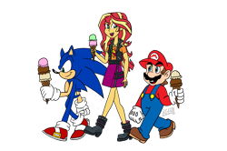 Size: 2550x1689 | Tagged: safe, artist:arcadegamemaster, derpibooru import, sunset shimmer, better together, equestria girls, crossover, food, ice cream, ice cream cone, nintendo, sega, sonic the hedgehog, sonic the hedgehog (series), super mario bros.