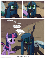 Size: 1200x1552 | Tagged: safe, artist:deusexequus, derpibooru import, queen chrysalis, twilight sparkle, twilight sparkle (alicorn), alicorn, changeling, changeling queen, pony, comic:fix, comic, cut mid-sentence, duo, duo female, eyeshadow, female, frown, holding hooves, lidded eyes, makeup, mare, open mouth, smiling, speech bubble, talking